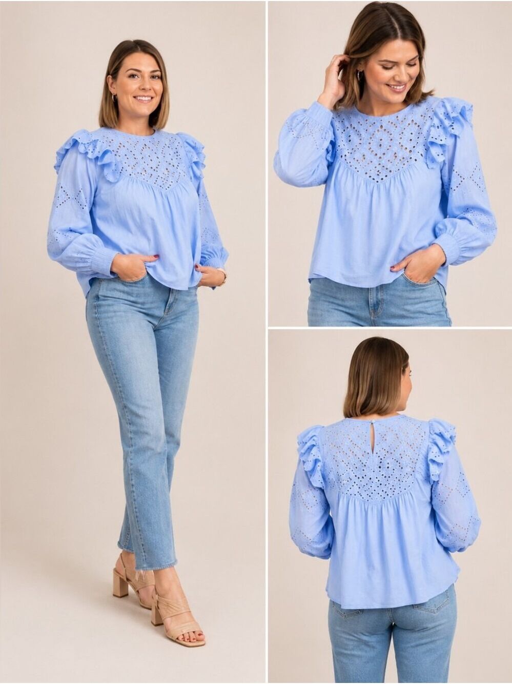 H&M Blue Eyelet Embroidered Ruffle Blouse | Romantic Cottagecore Top | Size 2